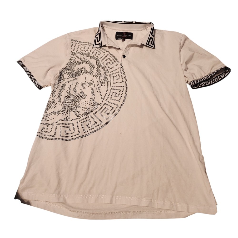 Men's Polo with Lion Medallion and Contrast Greek-Key Trim